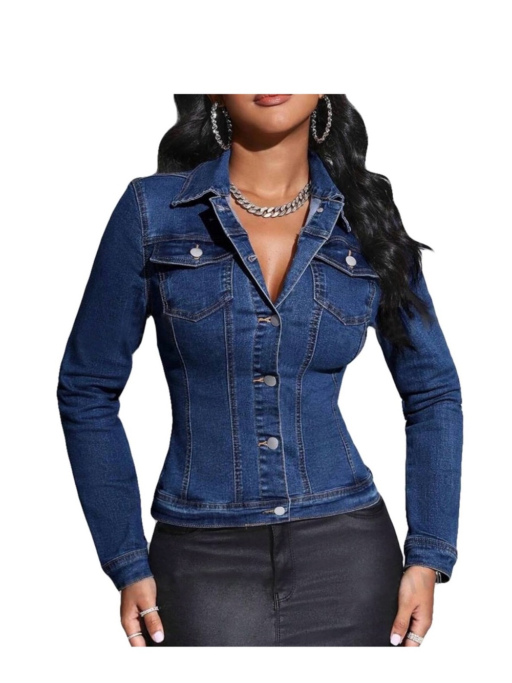Classic Dark Blue Women's Denim Jacket - Fitted Button-Up